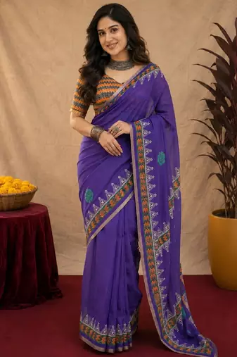Purple orange linen digital print work saree with unstitched blouse piece