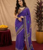 Purple orange linen digital print work saree with unstitched blouse piece