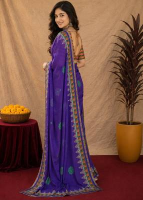 Purple orange linen digital print work saree with unstitched blouse piece 2