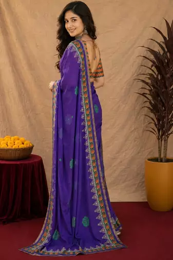 Purple orange linen digital print work saree with unstitched blouse piece