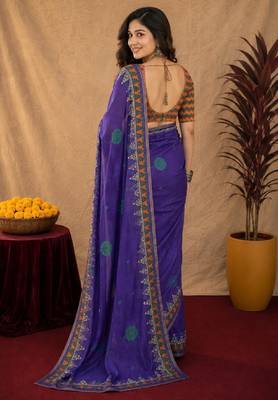 Purple orange linen digital print work saree with unstitched blouse piece 3