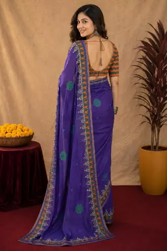 Purple orange linen digital print work saree with unstitched blouse piece