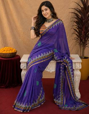 Purple orange linen digital print work saree with unstitched blouse piece 4