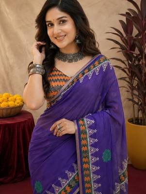 Purple orange linen digital print work saree with unstitched blouse piece 5