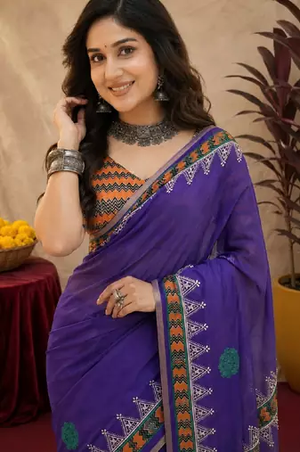 Purple orange linen digital print work saree with unstitched blouse piece