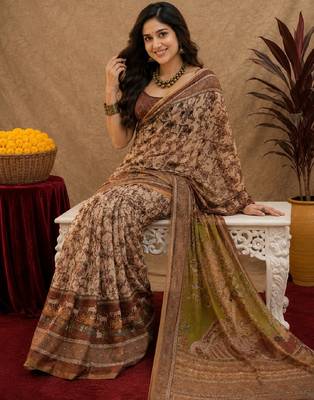Cream brown linen digital print work saree with unstitched blouse piece 1