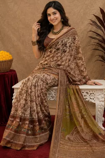 Cream brown linen digital print work saree with unstitched blouse piece