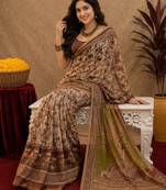 Cream brown linen digital print work saree with unstitched blouse piece