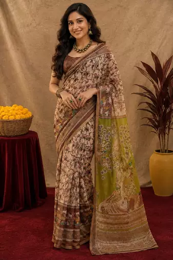 Cream brown linen digital print work saree with unstitched blouse piece