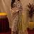 Cream brown linen digital print work saree with unstitched blouse piece