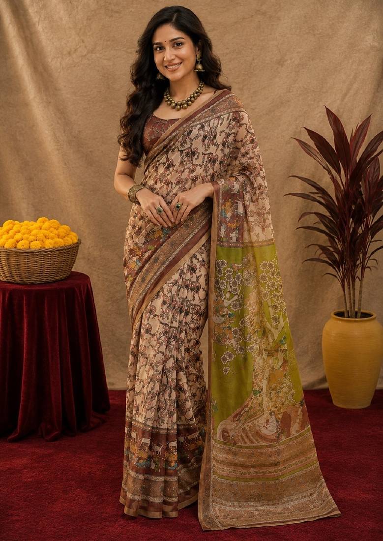 Cream brown linen digital print work saree with unstitched blouse piece