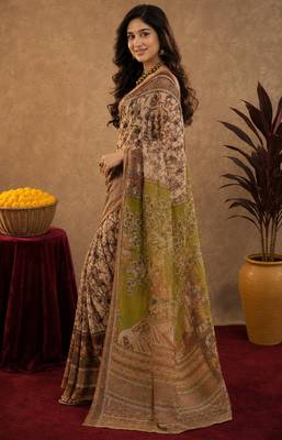 Cream brown linen digital print work saree with unstitched blouse piece 3