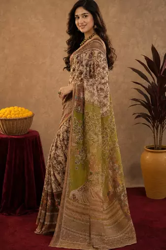 Cream brown linen digital print work saree with unstitched blouse piece