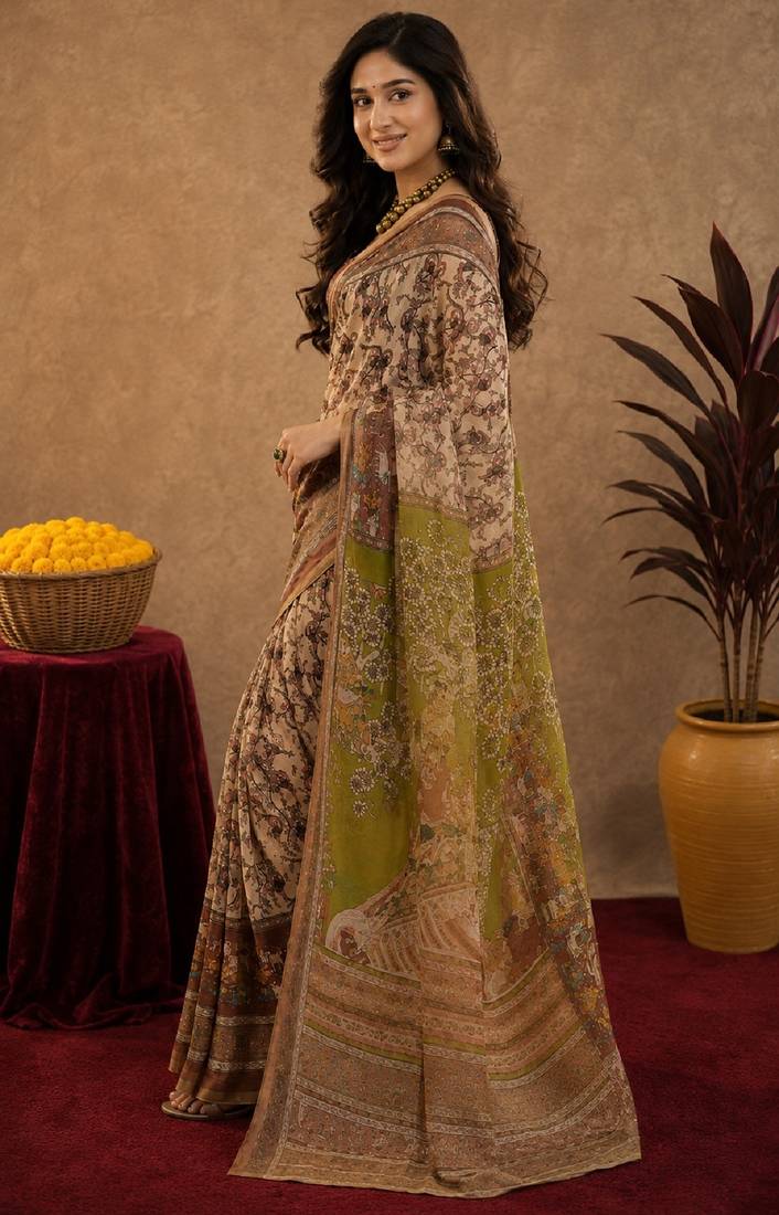 Cream brown linen digital print work saree with unstitched blouse piece