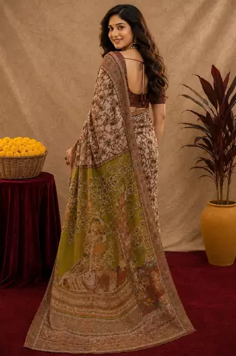Cream brown linen digital print work saree with unstitched blouse piece