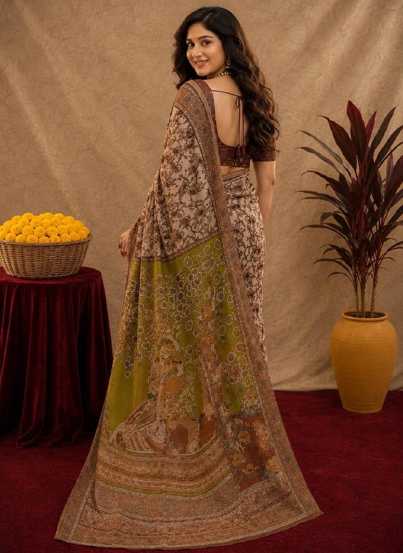 Cream brown linen digital print work saree with unstitched blouse piece