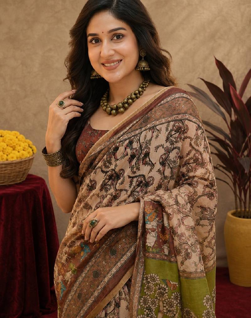Cream brown linen digital print work saree with unstitched blouse piece