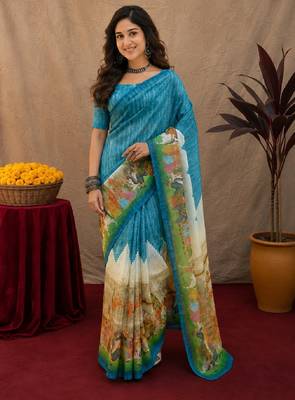 Rama linen digital print work saree with unstitched blouse piece 1