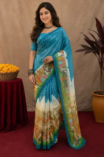 Rama linen digital print work saree with unstitched blouse piece