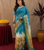 Rama linen digital print work saree with unstitched blouse piece