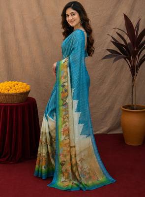 Rama linen digital print work saree with unstitched blouse piece 2