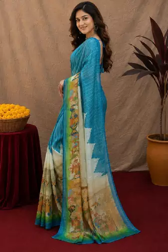 Rama linen digital print work saree with unstitched blouse piece