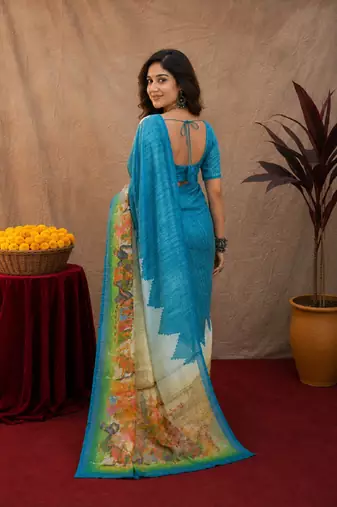 Rama linen digital print work saree with unstitched blouse piece