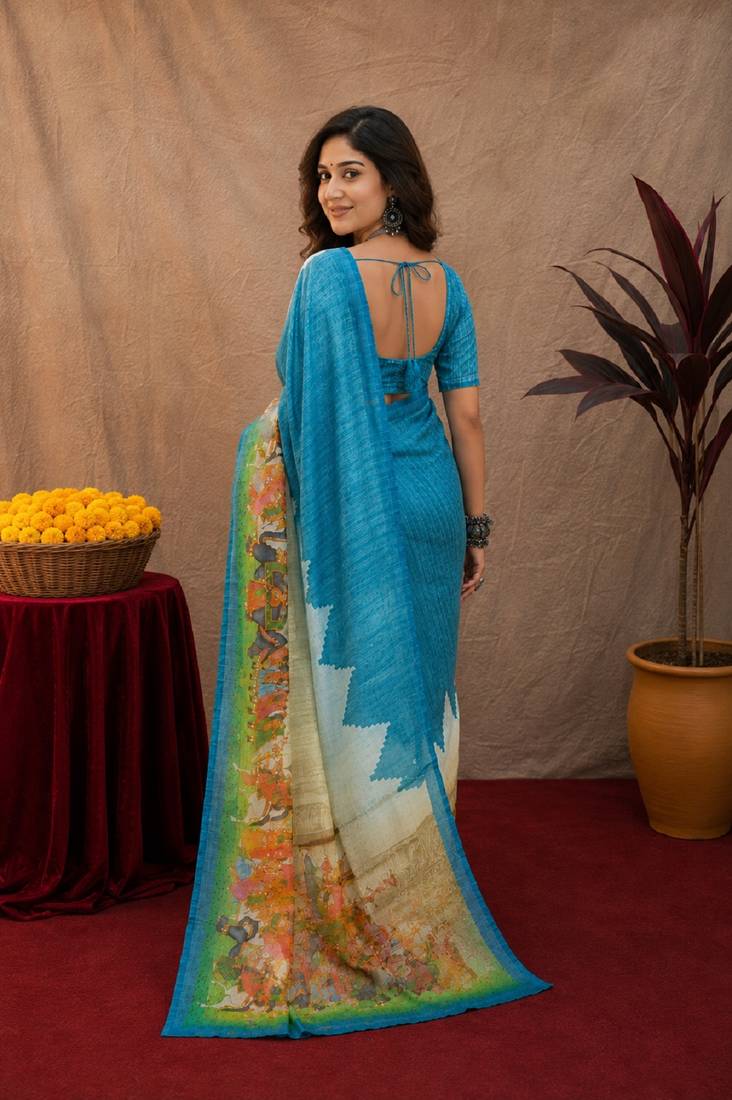 Rama linen digital print work saree with unstitched blouse piece