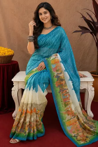Rama linen digital print work saree with unstitched blouse piece