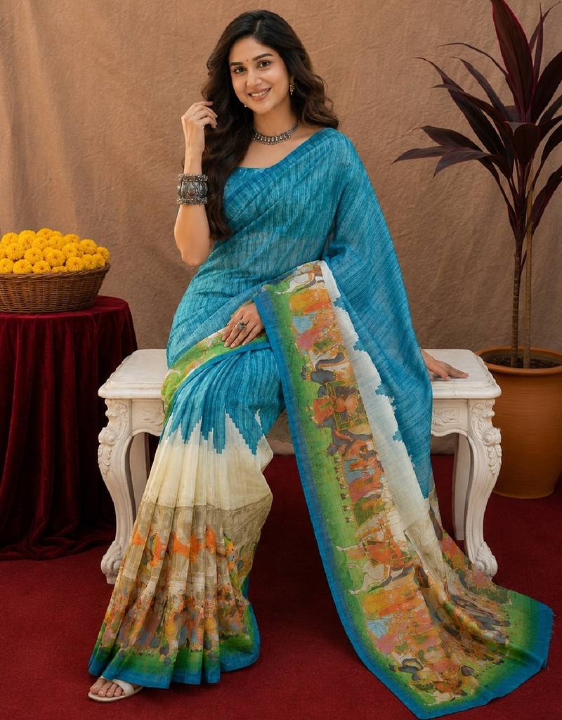 Rama linen digital print work saree with unstitched blouse piece
