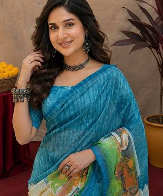 Rama linen digital print work saree with unstitched blouse piece 5
