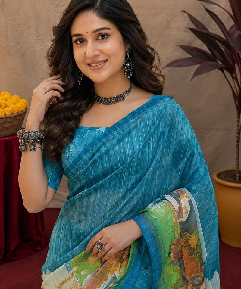 Rama linen digital print work saree with unstitched blouse piece