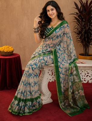 White green linen digital print work saree with unstitched blouse piece 1