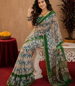 White green linen digital print work saree with unstitched blouse piece