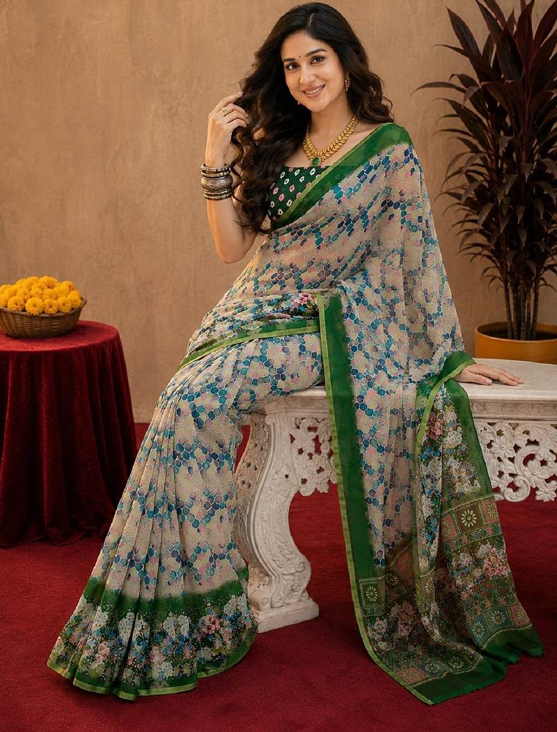 White green linen digital print work saree with unstitched blouse piece