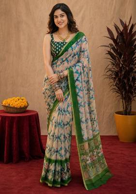 White green linen digital print work saree with unstitched blouse piece 2