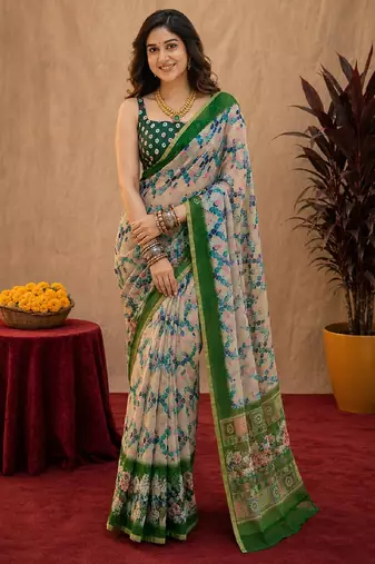 White green linen digital print work saree with unstitched blouse piece