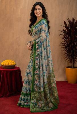 White green linen digital print work saree with unstitched blouse piece 3