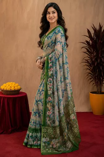 White green linen digital print work saree with unstitched blouse piece