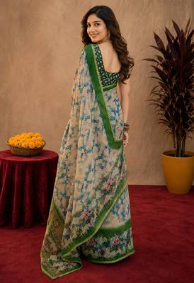 White green linen digital print work saree with unstitched blouse piece 4