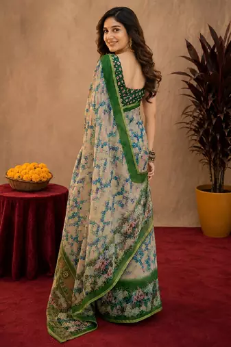 White green linen digital print work saree with unstitched blouse piece