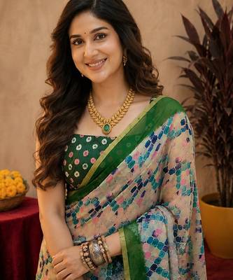 White green linen digital print work saree with unstitched blouse piece 5