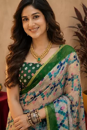 White green linen digital print work saree with unstitched blouse piece