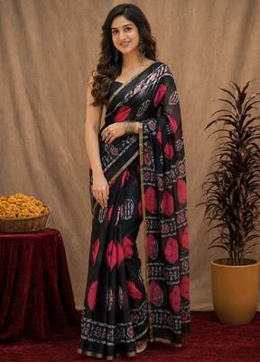 Black linen digital print work saree with unstitched blouse piece 1