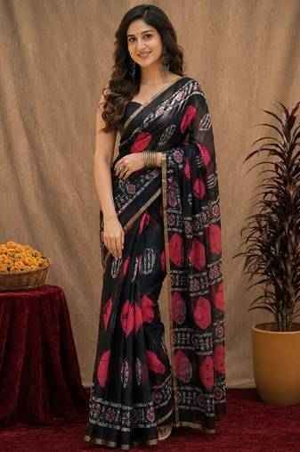 Black linen digital print work saree with unstitched blouse piece