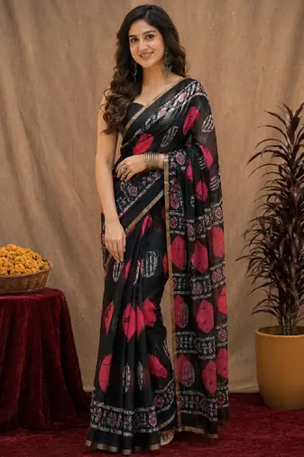 Black linen digital print work saree with unstitched blouse piece