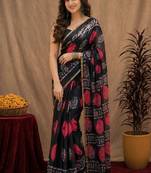 Black linen digital print work saree with unstitched blouse piece