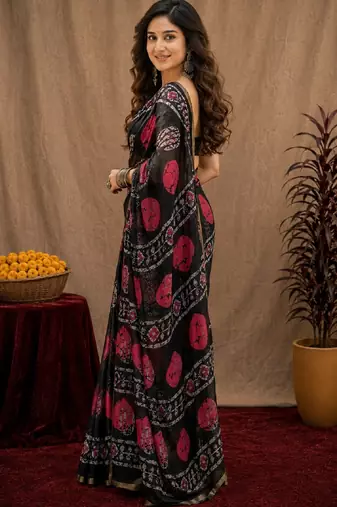 Black linen digital print work saree with unstitched blouse piece