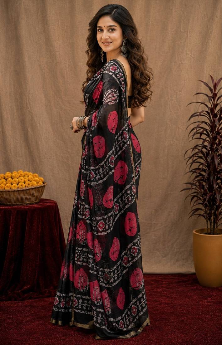 Black linen digital print work saree with unstitched blouse piece