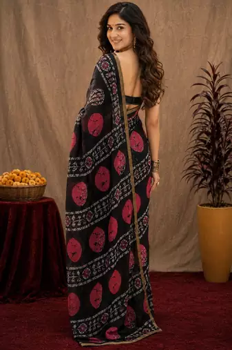 Black linen digital print work saree with unstitched blouse piece